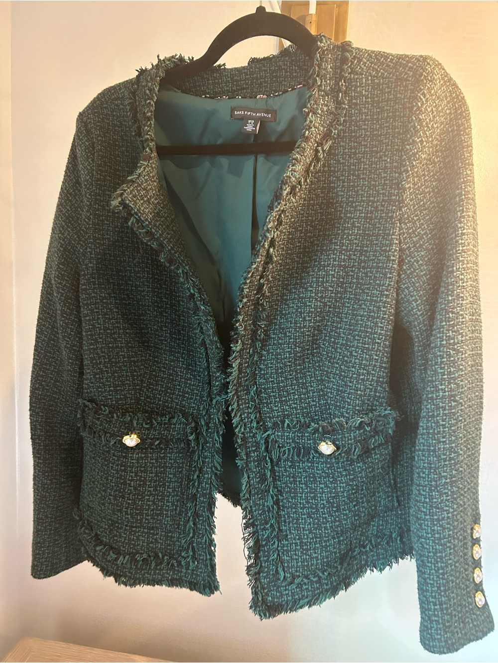 Saks Fifth Avenue Teal Green Tweed Frayed Edge Jacket